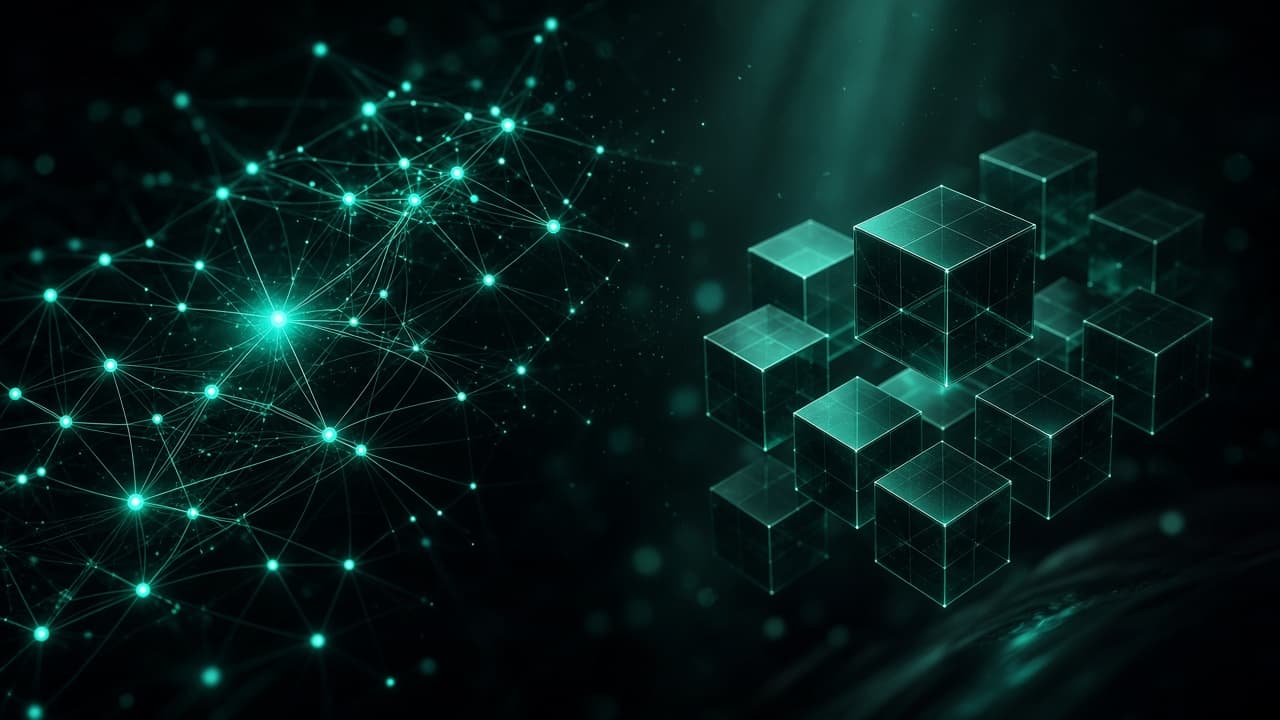 Abstract visualization of AI neural networks and blockchain infrastructure